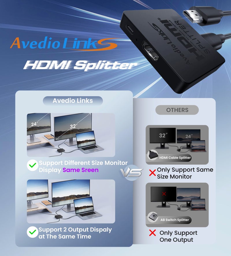 avedio links HDMI Splitter 4K@60Hz, HDMI Splitter 1 in 2 Out-Not Extended Display(Only Mirror Screens), Support 3D Dol-by Vision Atmos HDMI2.0b, HDCP2.2, 18.5Gbps, Auto Downscaling, Full HD 1080P - Image 4